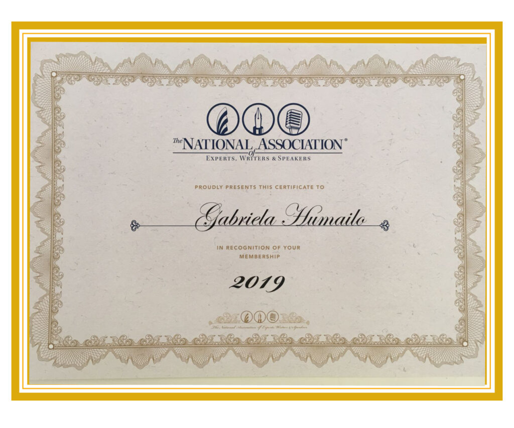 Gabriela Humailo - 2019 Membership Certificate of The National Association of Experts, Writers & Speakers